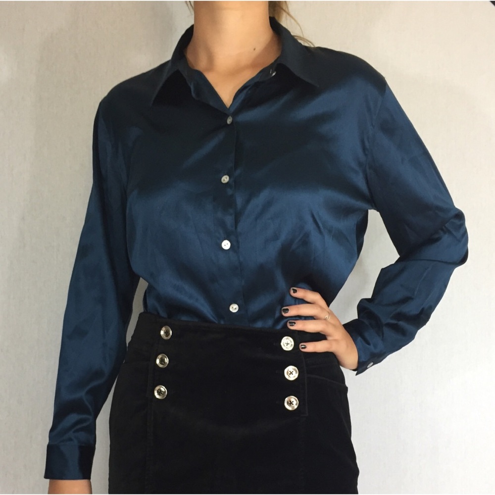 Chico’s stretch silk teal button down blouse Sz 1